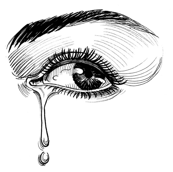 Ojos y lágrimas. Dibujo en blanco y negro de tinta - Foto, Imagen