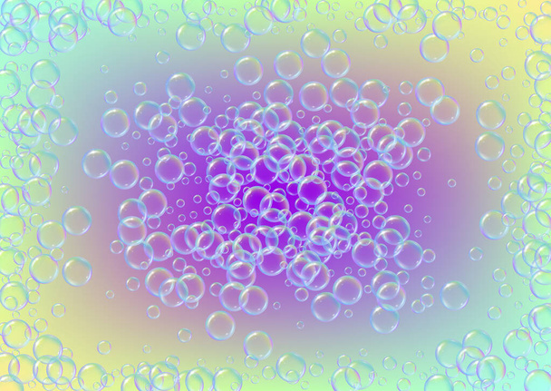 Bath foam on gradient background. Realistic water bubbles 3d. Cool rainbow colored liquid foam with shampoo bubbles. Horizontal cosmetic flyer and invite. Bath foam for bathroom and shower. - Vector, Imagen