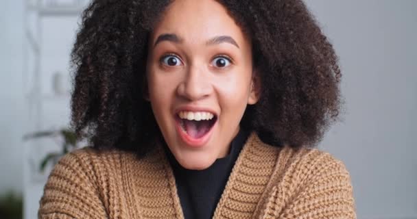 Portrait of surprised happy young dark skinned afro american girl female stands indoor glad to listen good news, expresses shock, keeps hands near head opens his mouth and eyes wide feels delight - Footage, Video