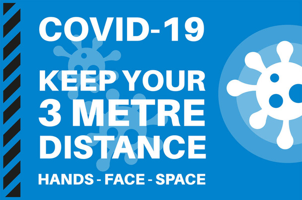 COVID-19 mantener su distancia de 3 metros - Ilustración con el logotipo del virus sobre un fondo rojo. - Vector, imagen