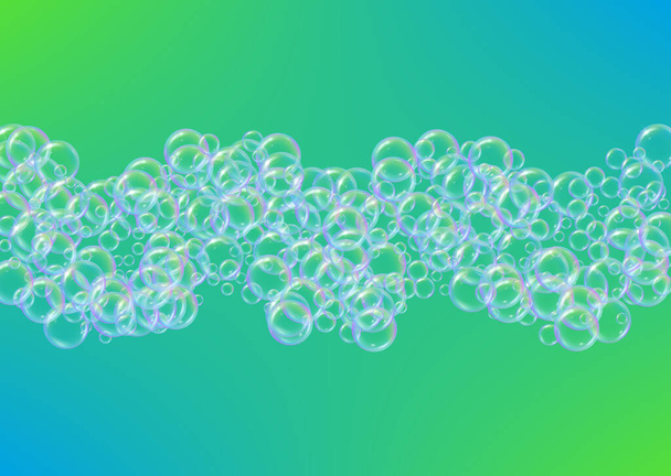 Shampoo bubbles on gradient background. Realistic water bubbles 3d. Cool liquid foam with shampoo bubbles. Horizontal cosmetic flyer and invite. Cleaning soap foam for bath and shower. - ベクター画像