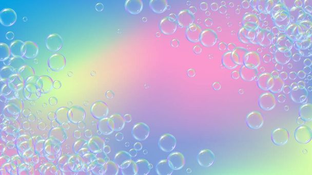 Soap foam on gradient background. Realistic water bubbles 3d. Cool rainbow colored liquid foam with shampoo bubbles. Cosmetic flyer and invite. Soap foam for bath and shower. Vector EPS10. - Vettoriali, immagini