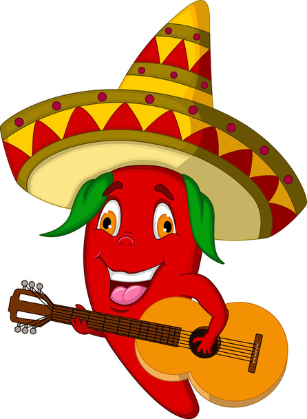 Personagem de desenhos animados de pimenta vermelha com chapéu mexicano e bigode tocando uma guitarra
 - Vetor, Imagem