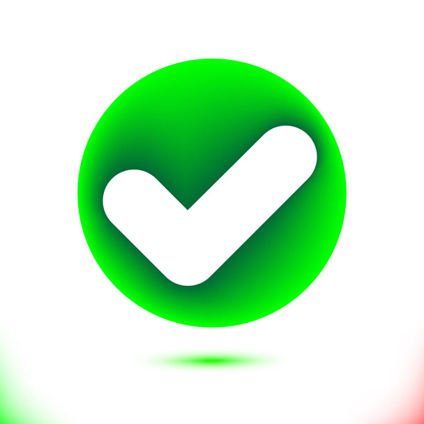 White checkmark, confirm icon in green circle. Tick symbol. Modern infographics colorful ornamental ui element in light background. Luxury design with shadow. Vector illustration for ad, voting. - Vektor, obrázek