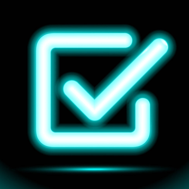 Neon lamp checkmark icon in a square, tick symbol. Modern ornamental ui element. Design for presentation dark ad fluorescent black background. Vector luminescent illumination ad, illustration. Eps10 - Vector, Imagen