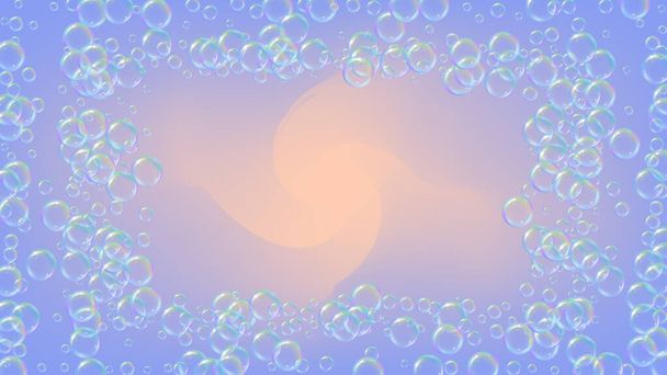Shampoo bubbles on gradient background. Realistic water bubbles 3d. Cool rainbow colored liquid foam with shampoo bubbles. Cosmetic flyer and invite. Cleaning soap foam for bath and shower. - Вектор, зображення
