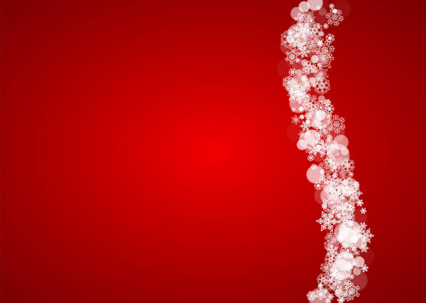 Christmas frame with falling snow on red background. Santa Claus colors. Horizontal Christmas frame with white frosty snowflakes for banners, gift cards, party invitations and special business offers. - Vector, Imagen