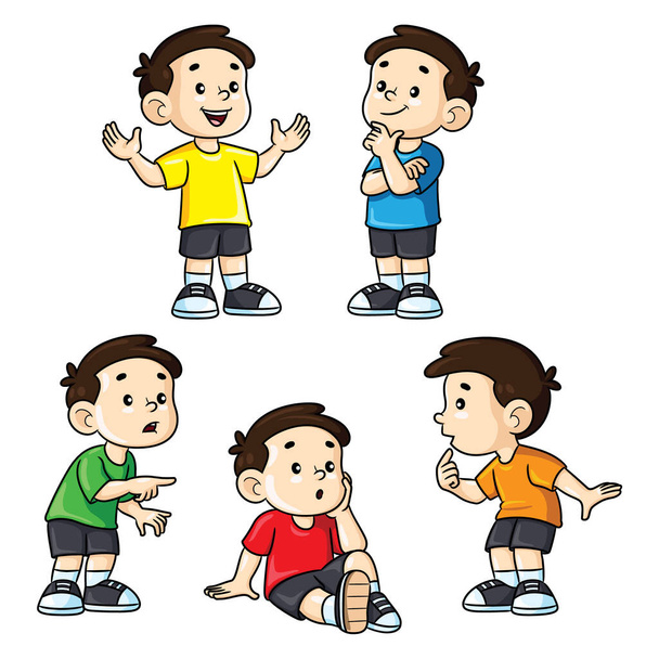 Ilustración de lindo niño de dibujos animados en varias expresiones y gestos. - Vector, imagen