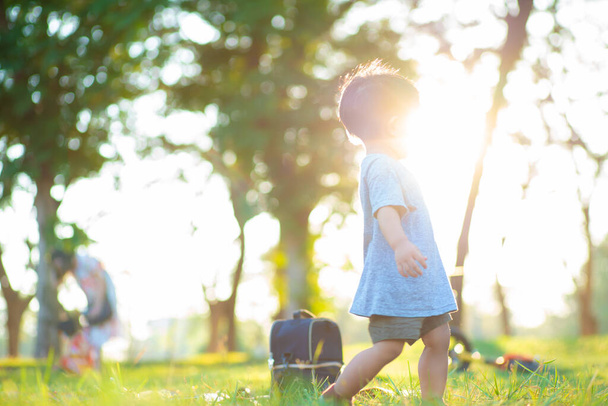 Adorable little boy playing on green grass in park sunset light boy in nature - Foto, Imagen