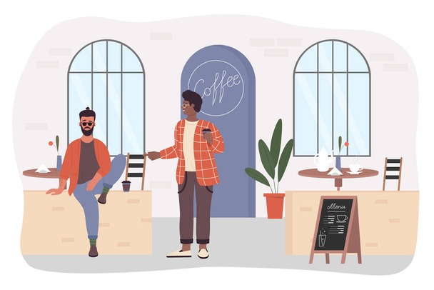 Personas en la cafetería, cafetería, dibujos animados joven hipster hablando con un amigo - Vector, imagen