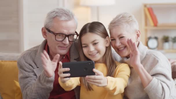 Scatto toracico di nonni caucasici anziani dai capelli grigi seduti sul divano insieme alla nipote di 10 anni, che tiene lo smartphone, guarda lo schermo, saluta, sorride e prende selfie - Filmati, video
