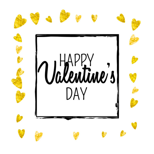 Valentines day card with gold glitter hearts. February 14th. Vector confetti for valentines day card template. Grunge hand drawn texture. Love theme for voucher, special business ad, banner. - Διάνυσμα, εικόνα