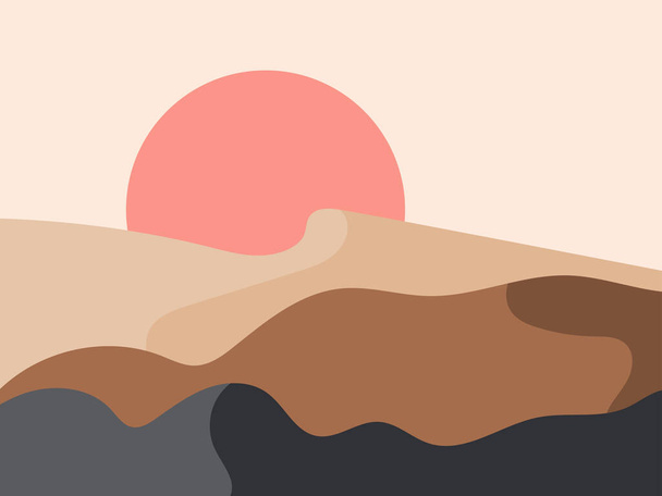 Mountain landscape in a minimalistic style. Sunrise and sunset, red sun. Boho decor for prints, posters and interior design. Mid Century modern decor. Trend style. Vector illustration - Vector, Image