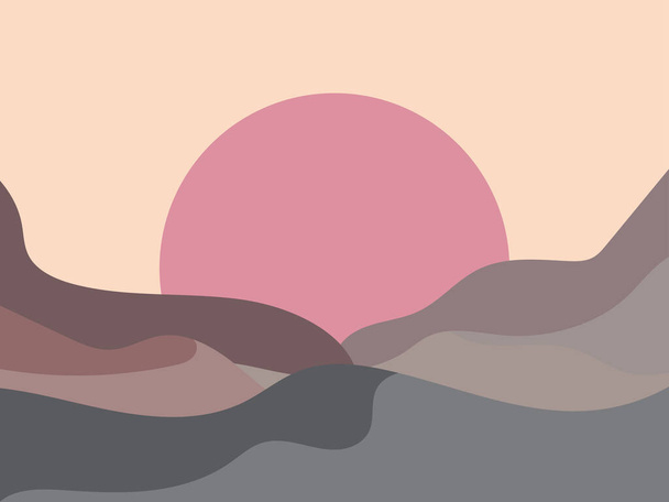 Golvend landschap in een minimalistische stijl. Zonsondergang landschap met heuvels. Rode zon. Boho decor voor prints, posters en interieurontwerp. Midden eeuw modern decor. Trendstijl. Vectorillustratie - Vector, afbeelding