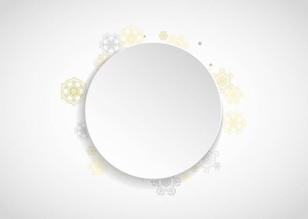 Gold snowflakes frame on white background. New year theme. Horizontal paper Christmas frame for holiday banner, card, sale, special offer. Falling snow with gold snowflake and glitter for party invite - Vector, imagen