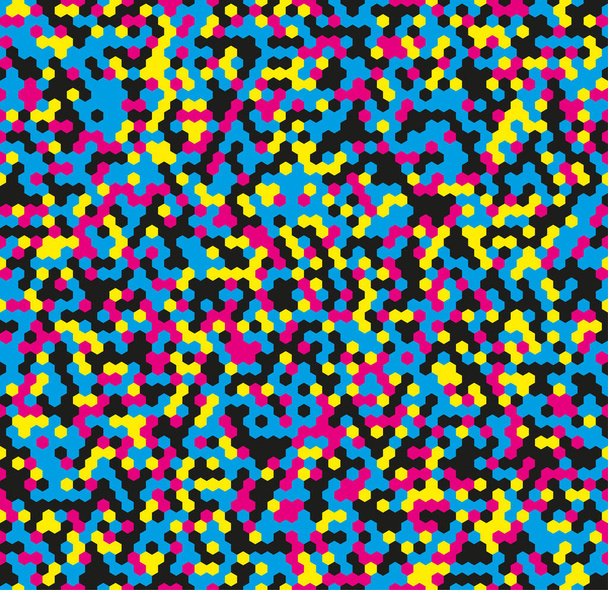 Случайный бесшовный мозаичный узор в цветах CMYK. Фон состоит из разноцветных шестиугольников. Векторная иллюстрация. - Вектор,изображение