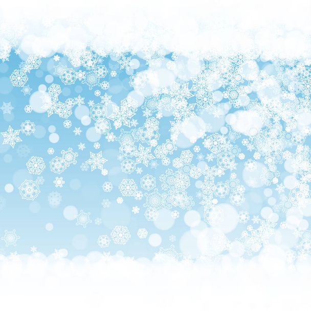 New Year frame on blue background. Winter window. Christmas and New Year frame with falling snow. For season sales, special offers, banners, cards, party invites, flyers. White frosty snowflakes. - Vector, Imagen