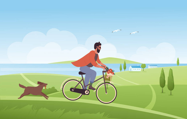 Man cycling in summer nature landscape, riding bicycle with flowers in basket, dog runs - Vector, Image