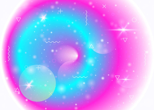 Galaxy background with cosmos and universe shapes and star dust. Holographic futuristic gradients. 3d fluid with magic sparkles. Fantastic space landscape with planets. Memphis galaxy background. - Vector, afbeelding