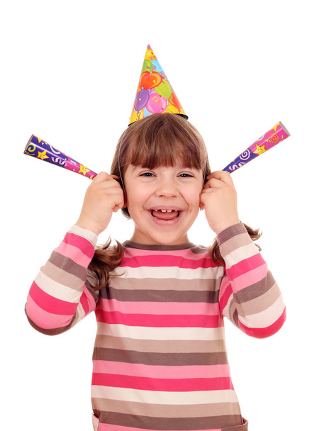 щаслива маленька дівчинка з трубами та вечіркою на день народження капелюха
 - Фото, зображення