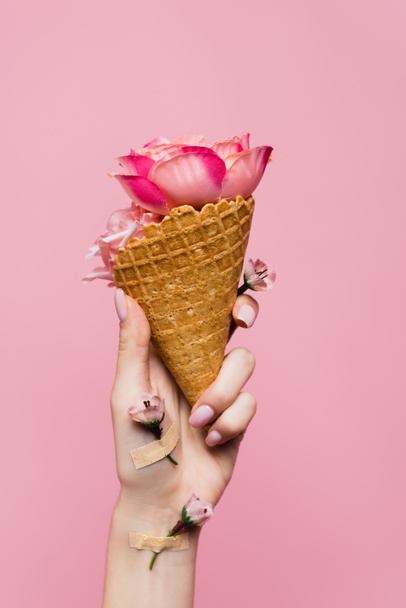 vista cortada de mulher segurando cone waffle com pétalas na mão com flores cobertas por emplastros isolados em rosa - Foto, Imagem