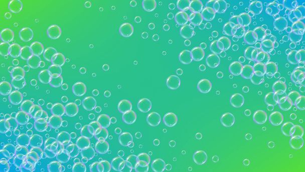 Soap cleaning foam background. Shampoo bubbles and suds. Bright spray and splash. Realistic water frame and border. 3d vector illustration concept. Green colorful liquid soap cleaning. - Vector, Image