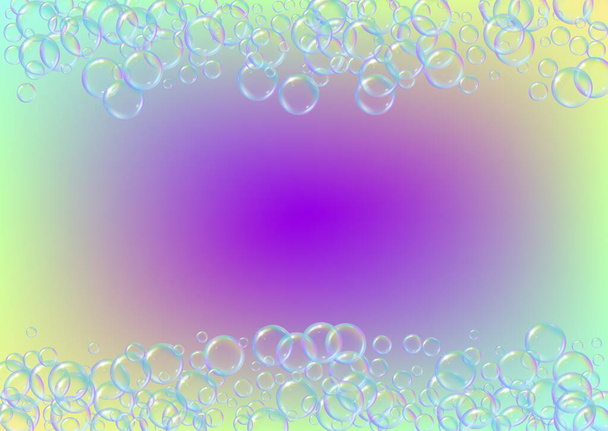 Bath foam on gradient background. Realistic water bubbles 3d. Cool rainbow colored liquid foam with shampoo bubbles. Horizontal cosmetic flyer and invite. Bath foam for bathroom and shower. - Вектор, зображення