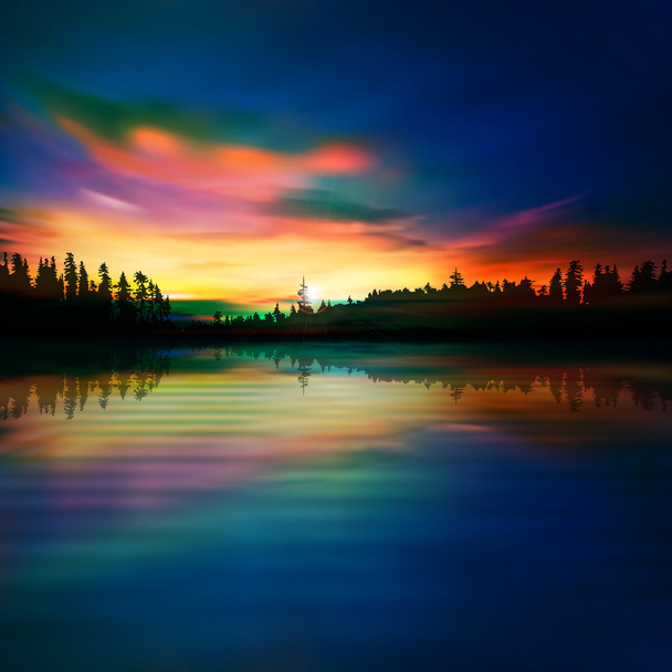 абстрактный голубой фон с лесным озером и восходом солнца - Вектор,изображение