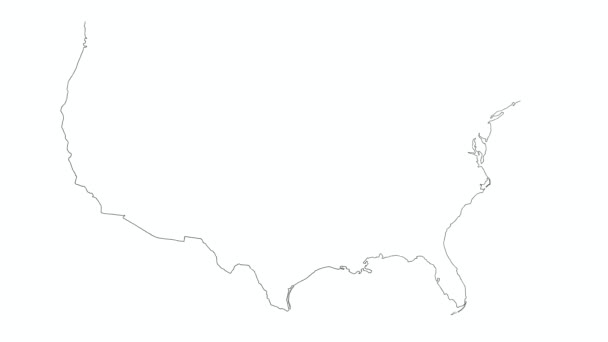 Mapa Stanów Zjednoczonych Ameryki Północnej. 2D Narysowana mapa Stanów Zjednoczonych Ameryki. Animacja mapy USA. Czarno-biała mapa kreskówek USA. - Materiał filmowy, wideo