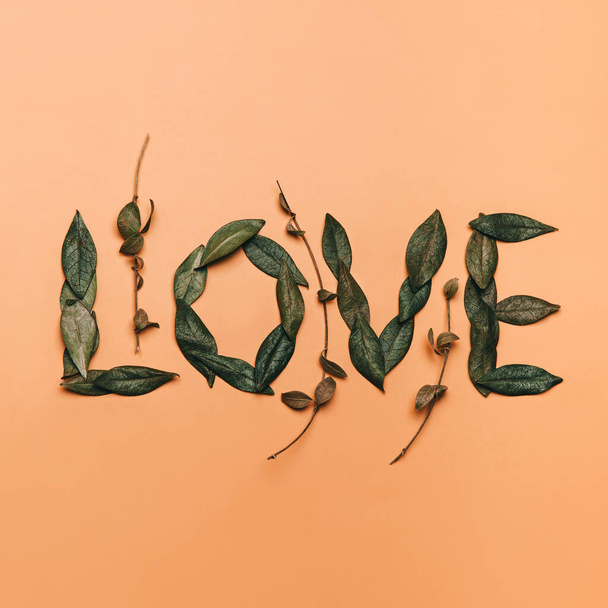Creative flat lay of word love made with natural leaves on orange background. Love concept.  - Zdjęcie, obraz