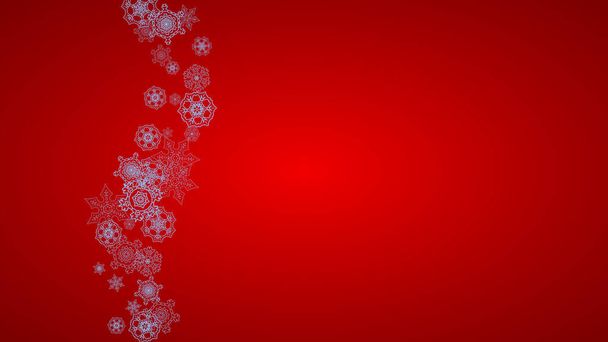 Christmas frame with snowflakes on red background. Santa Claus colors. Horizontal Christmas frame for holiday banners, cards, sales, special offers. Falling snow with bokeh and flakes for celebration - Vektori, kuva