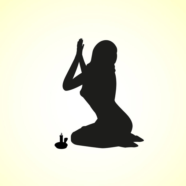 Silhouette of a young woman, girl praying icon - vector illustration by candlelight cartoon sketch template. - Вектор, зображення