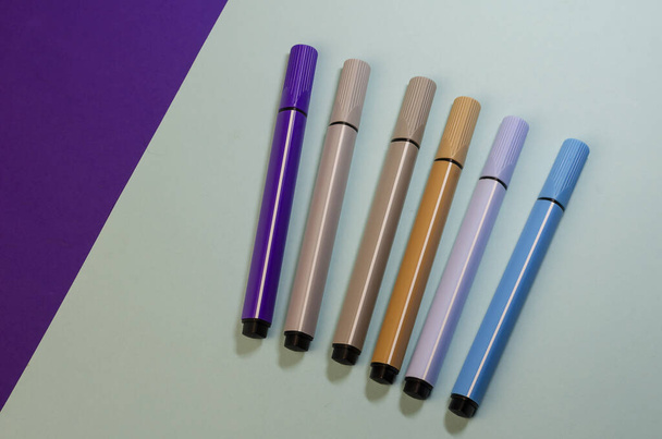 Novas canetas multicoloridas de feltro em cores pastel em um fundo de dois tons. Seis marcadores para desenhar. Close-up, foco seletivo. - Foto, Imagem