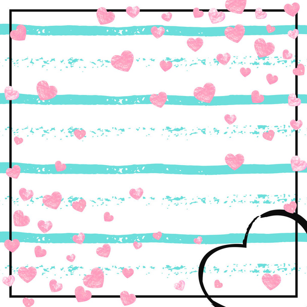 Pink glitter hearts confetti  on turquoise stripes. Random falling sequins with metallic shimmer. Design with pink glitter hearts for party invitation, banner, greeting card, bridal shower. - Vetor, Imagem
