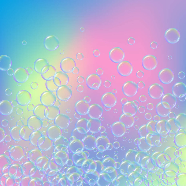 Soap foam on gradient background. Realistic water bubbles 3d. Cool rainbow colored liquid foam with shampoo bubbles. Cosmetic flyer and invite. Soap for bath and shower. Vector EPS10. - Διάνυσμα, εικόνα
