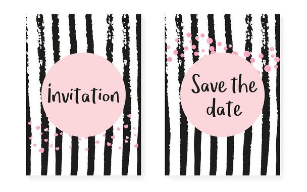 ドットやスパンコールと結婚式の招待状セット。ピンクの輝きのコンフェッティを持つブライダルシャワーカード。縦縞の背景。パーティー、イベント、日付のチラシを保存するための豪華な結婚式の招待状セット. - ベクター画像