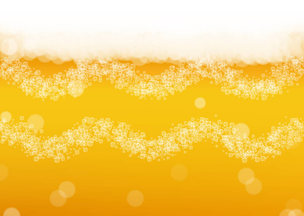 Beer fest background with realistic bubbles.  Cool liquid drink for pub and bar menu design, banners and flyers.  Yellow horizontal beer fest background in foam. Fresh cup of lager for brewery design. - Διάνυσμα, εικόνα