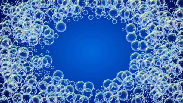 Foam party background with shampoo and soap suds bubbles. Trendy spray and splash. Realistic water frame and border. 3d vector illustration poster. Blue colorful liquid foam party. - Vector, afbeelding