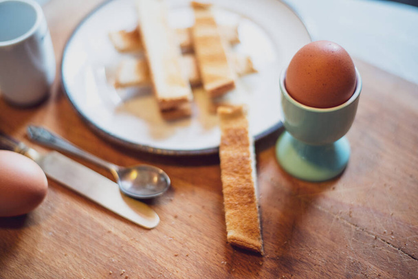 soft boiled egg in egg cup with toasted bread soldiers,shallow depth of field. - 写真・画像