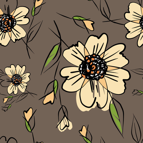 Decorative flowers for design. Ornament from flowers and leaves on a brown background. Floral seamless pattern. - Photo, Image
