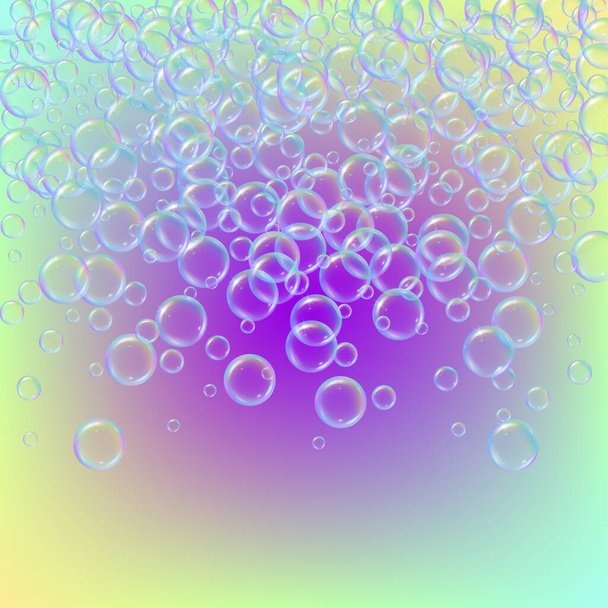 Soap foam on gradient background. Realistic water bubbles 3d. Cool rainbow colored liquid foam with shampoo bubbles. Cosmetic flyer and invite. Soap for bath and shower. Vector EPS10. - Vektori, kuva