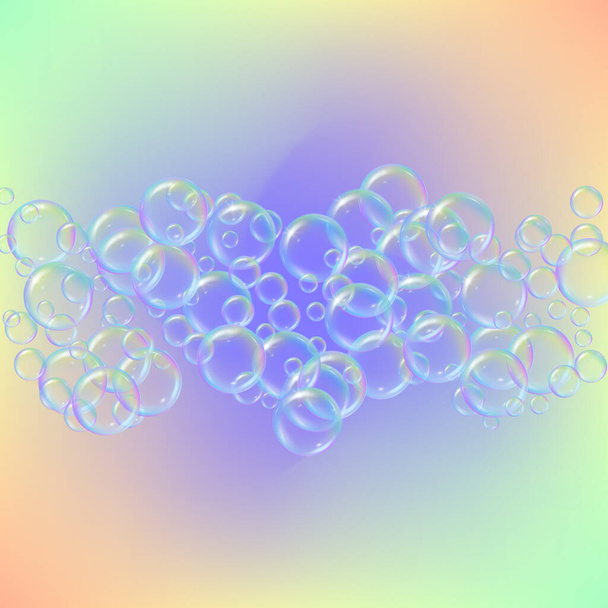 Shampoo bubbles on gradient background. Realistic water bubbles 3d. Cool rainbow colored liquid foam with shampoo. Cosmetic flyer and invite. Cleaning soap foam for bath and shower. - ベクター画像