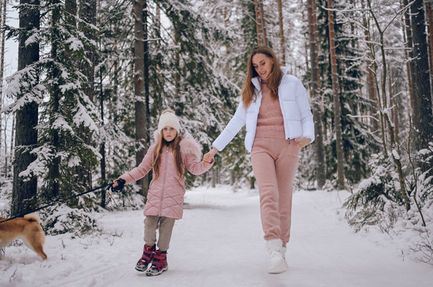 Szczęśliwa rodzina młoda matka i mała słodka dziewczyna w różowej ciepłej bieliźnie spacerując bawiąc się z czerwonym psem shiba inu w śniegu białym zimowym lesie na zewnątrz. Rodzinne zajęcia sportowe - Zdjęcie, obraz