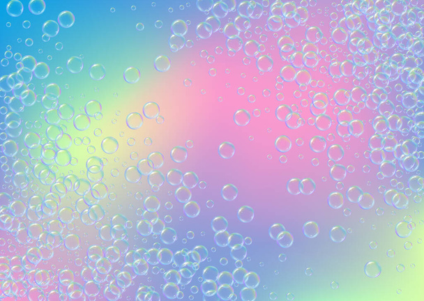 Soap foam on gradient background. Realistic water bubbles 3d. Cool rainbow colored liquid foam with shampoo bubbles. Horizontal cosmetic flyer and invite. Soap foam for bath and shower. Vector EPS10. - Wektor, obraz