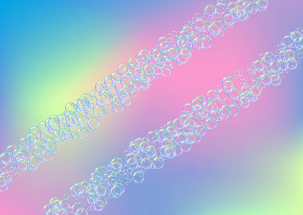 Soap foam on gradient background. Realistic water bubbles 3d. Cool rainbow colored liquid foam with shampoo bubbles. Horizontal cosmetic flyer and invite. Soap foam for bath and shower. Vector EPS10. - Wektor, obraz