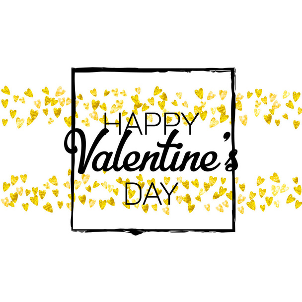 Valentines day card with gold glitter hearts. February 14th. Vector confetti for valentines day card template. Grunge hand drawn texture. Love theme for flyer, special business offer, promo. - Vektor, obrázek