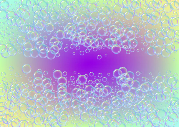 Bath foam on gradient background. Realistic water bubbles 3d. Cool rainbow colored liquid foam with shampoo bubbles. Horizontal cosmetic flyer and invite. Bath foam for bathroom and shower. - Vector, Imagen
