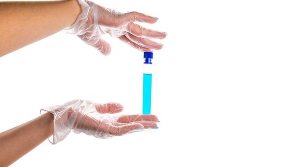 Syringe injection. Doctor hand in medical glove hold test tube or bottle for protection flu virus and coronavirus. Covid vaccine isolated on white. Botox injection syringe therapy. - 写真・画像