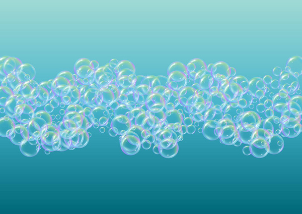 Soap foam on gradient background. Realistic water bubbles 3d. Cool rainbow colored liquid foam with shampoo bubbles. Horizontal cosmetic flyer and invite. Soap foam for bath and shower. Vector EPS10. - ベクター画像