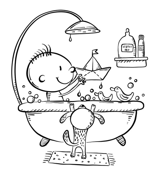 Niño pequeño o bebé bañándose y jugando en el baño, rutina diaria - Vector, imagen